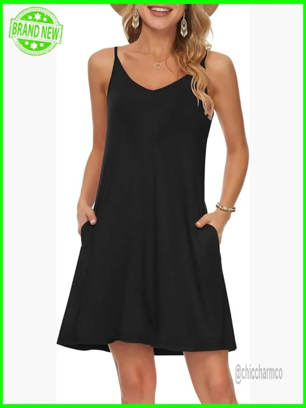 Spaghetti Strap Swing Tank Beach Cover Up Dress with Pockets